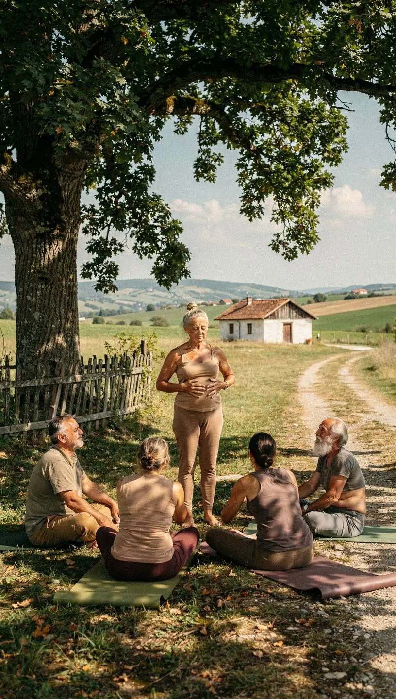 Мъж, който се наслаждава на медитация в зелена градина, обгърнат от природа.