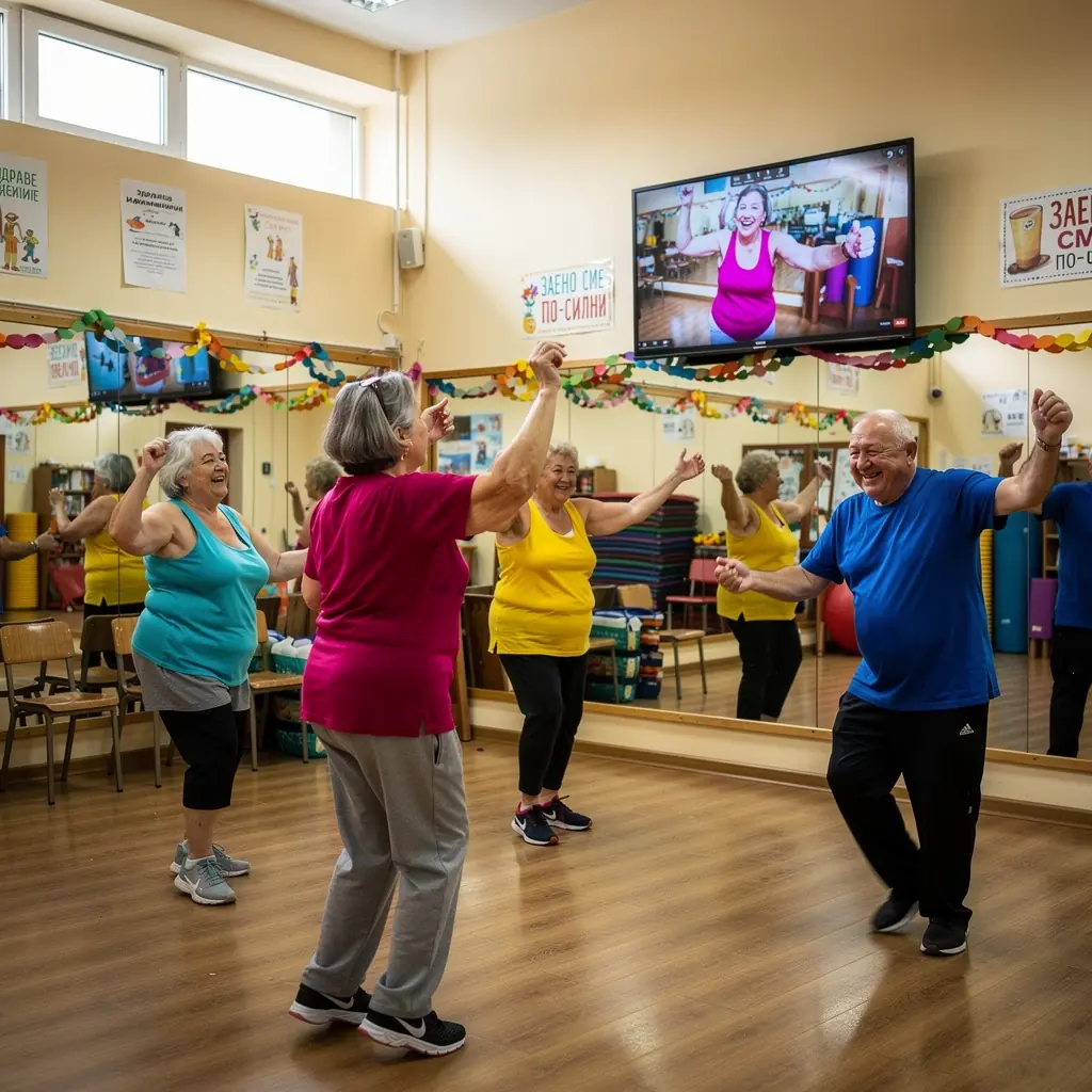 Група възрастни хора, които практикуват йога на открито, усмихнати и спокойни.